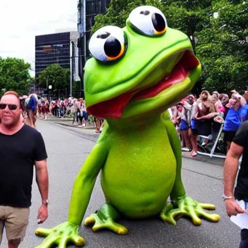 Image similar to alex jones and a giant frog atten the pride festival together