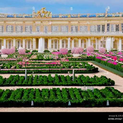 Image similar to versailles orangerie with a garden full of tremiere rose, two stores, white column walls, stairs roof