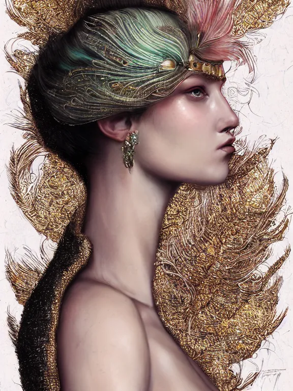 Prompt: realistic 3d character render of a beautiful woman, veiled, embellished sequined,feather-adorned,by tom bagshaw,Cedric Peyravernay,William Holman Hunt,William Morris,Catherine Nolin,metropolis,Gucci,Dior,intricate, elegant, highly detailed, digital painting, artstation, concept art, smooth, sharp focus, illustration,maximalist,glittering,feminine