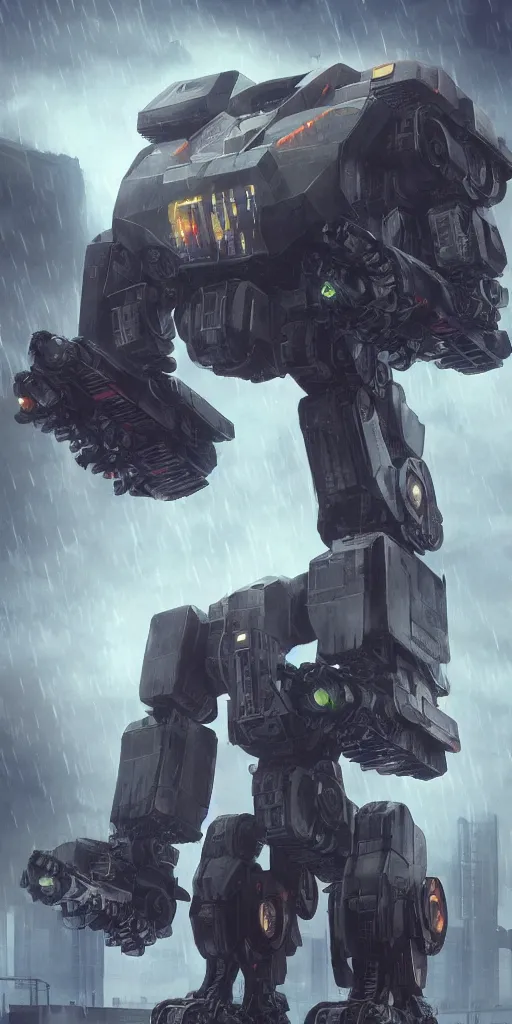 Image similar to Battletech mech in a city, futuristic, rain, industrial, 8k, high detail, unreal render, concept art, Mechwarrior, masterpiece, Artstation