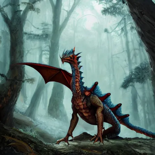 Image similar to oil painting of cute dragon in cold forest, dnd character, background focus, fantasy, lizard legs, magic, realistic textured skin, big lizard head, eagle feather, eagle wings, glowing eyes, clear clean, artgem, boris valejo, goro fujita, frank frazetta, trending on artstation, digital painting, beautiful, very detailed, pixar