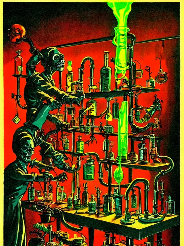 Prompt: Vibrant Colorful Vintage Horror Illustration of a Mad Scientist Experiment Poisonous Laboratory. Glowing , Spooky lighting , Pinterest