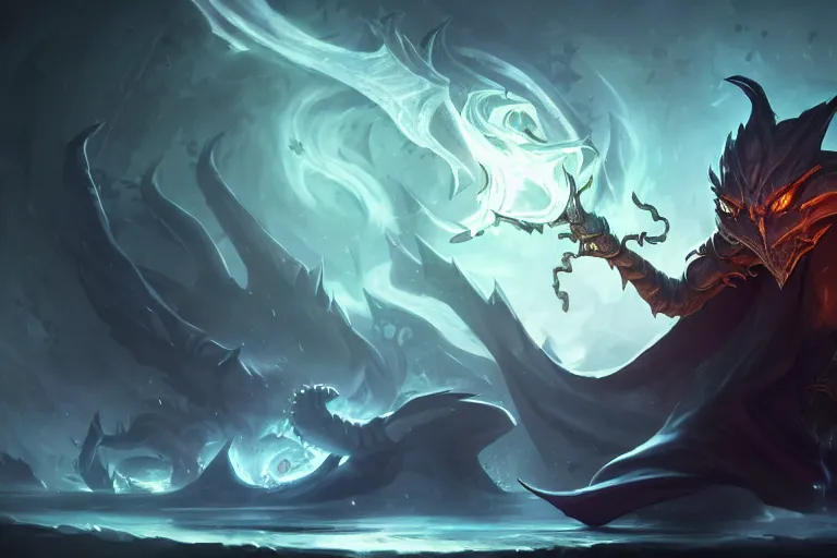 Image similar to amazing portrait of a dark wizard with a magic wand summoning a dragon, league of legends splash art, deiv calviz, splash art, natural light, elegant, intricate, fantasy, atmospheric lighting, by greg rutkowski, league of legends splash art, hd wallpaper, ultra high details