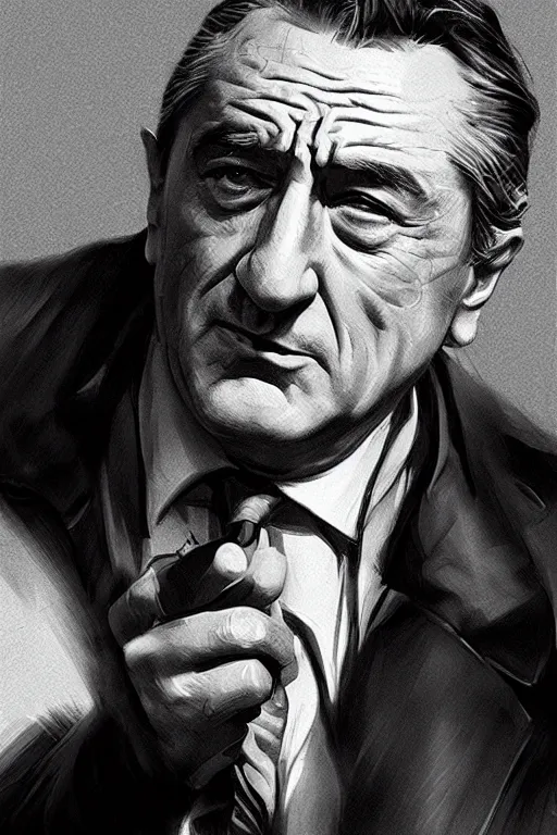 Image similar to portrait of Robert de niro as noir detective, Single face, dramatic lighting, cinematic, establishing shot, extremly high detail, photo realistic, cinematic lighting, post processed, concept art, artstation, matte painting, style by eddie mendoza, raphael lacoste, alex ross