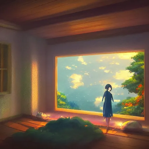 Image similar to a heavenly dream view from the interior of my cozy home interior dream world filled with color from a Makoto Shinkai oil on canvas inspired pixiv dreamy scenery art majestic fantasy scenery fantasy pixiv scenery art inspired by magical fantasy exterior illumination of awe and wonder