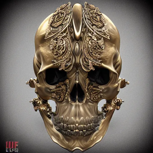 Image similar to human skull ornated with horn, filigree, patina, bronze, ornaments, 3 d design for tattoo, hyper maximalist, elegant, ornate, luxury, elite, symmetrical, unreal engine, 3 d design