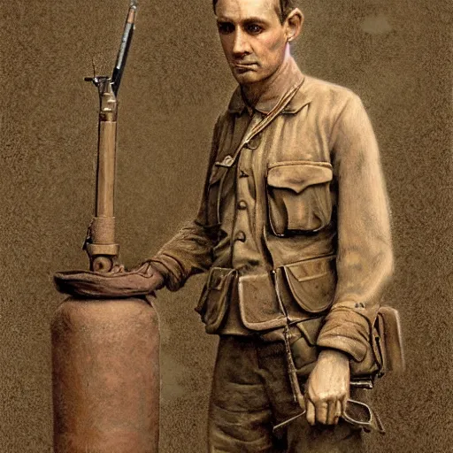 Image similar to a detailed photorealistic sepia - toned color portrait painting of a 1 9 1 7 worried clean - shaven british lieutenant in field gear in north arabia examining an ancient clay cylinder ultra realistic, intricate details, atmospheric, dark, horror, brooding, highly detailed, by clyde caldwell