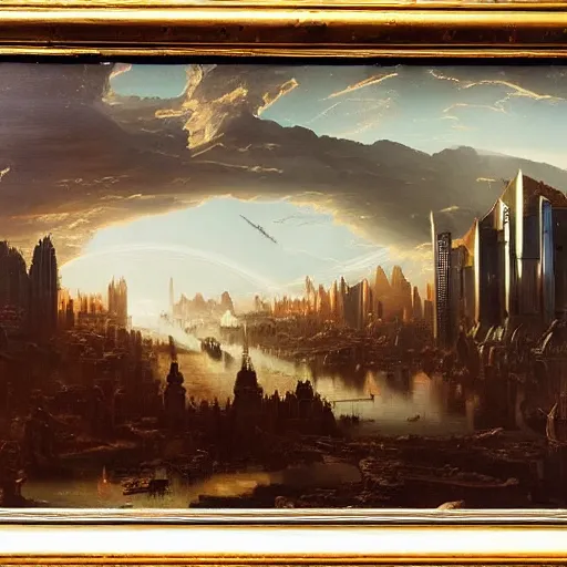 Image similar to A vast planetary sci fi city by Ansel Adams and Bernardo Bellotto, oil on canvas, artstation, dramatic scenery, masterpiece, aesthetic