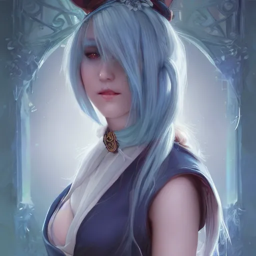 Image similar to fantasy cleric, character portrait, pretty bunnygirl, blue hair, elegant robes, face, very pretty face, cinematic lighting, hyper-detailed, cgsociety, 8k, high resolution, in the style of Charlie Bowater, Tom Bagshaw, single face, symmetrical, headshot photograph, insanely detailed and intricate, beautiful, elegant, cinematic, portrait, Raphaelite, headroom, artstation