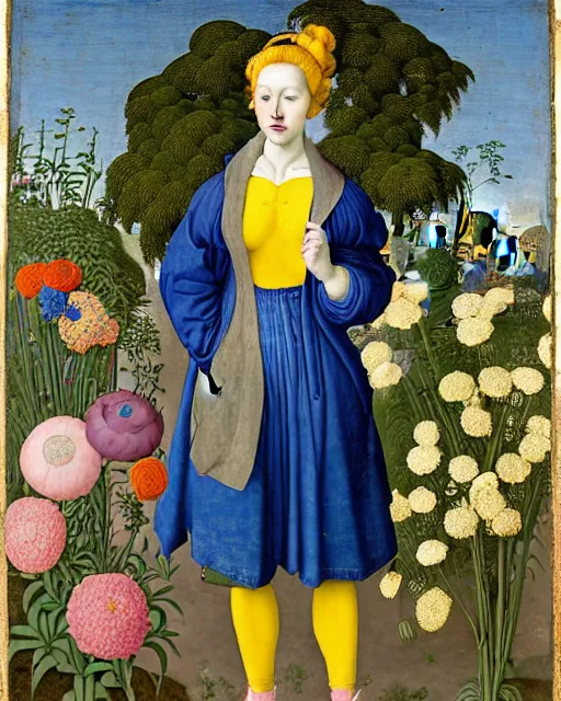 Prompt: portrait of a woman with blue hair buns, wearing a yellow jacket and baggy jeans, standing in a garden full of plants and flowers, intricate details, high detail, in the style of rogier van der weyden and jacopo da pontormo, punk, asian art,