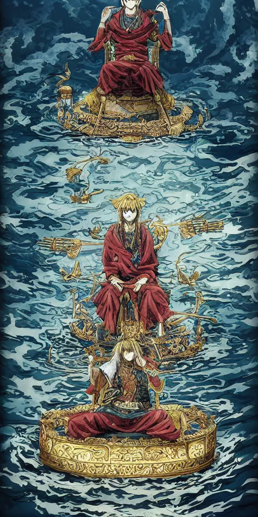 Image similar to a lone emperor sitting on a throne floating on water in the middle of a lake drawn by Makoto Yukimura in the style of Vinland saga anime, full color, detailed, psychedelic