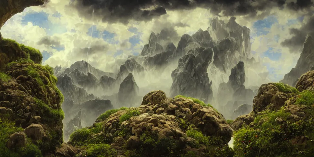 Prompt: photorealistic epic landscape with magically floating rocks, with ominous storm clouds by alphonse mucha and maxfield parrish. strange levitating stones, stones falling from the sky, swirls of mist. occult photorealism, uhd, amazing depth, glowing, volumetric lighting, cinematic lighting.