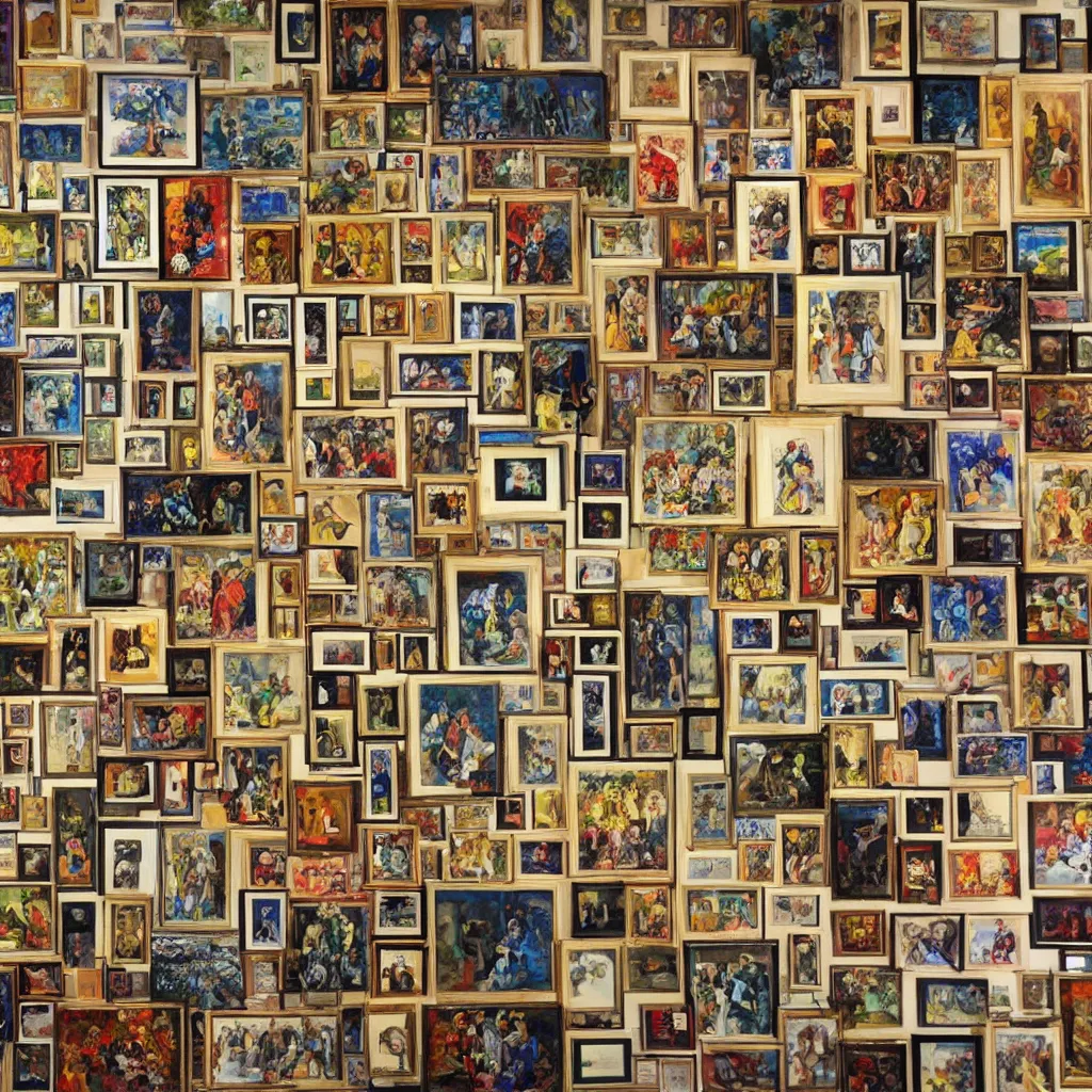 Prompt: a wall with a collage of world's six most expensive paintings