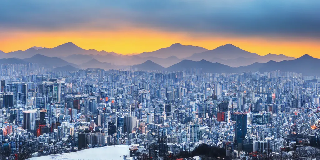 Prompt: Seoul city view, high rises with snow-capped mountains in the background, photograph, photorealism, atmospheric light, clouds, sunset time