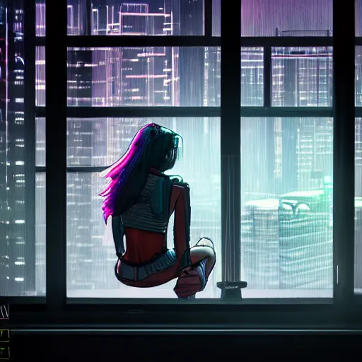 Image similar to sad girl sitting by the window looking towards a cyberpunk city, accurate features, focus, very intricate ultrafine details, masterpiece, 8 k hd, realistic shaded lighting, detailed render, detailed backgrounds, epic composition, soft neon lights, rain