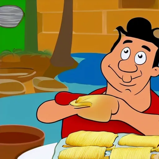 Prompt: Fred Flintstone eating tamales, The Flintstones