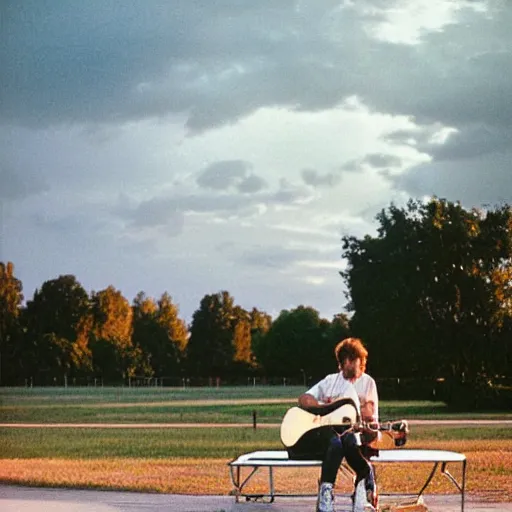 Prompt: 1 9 9 0 s candid 3 5 mm photo of a man sitting on a bench in a park playing guitar, cinematic lighting, cinematic look, golden hour, the clouds are epic and colorful with cinematic rays of light, photographed by petra collins, uhd
