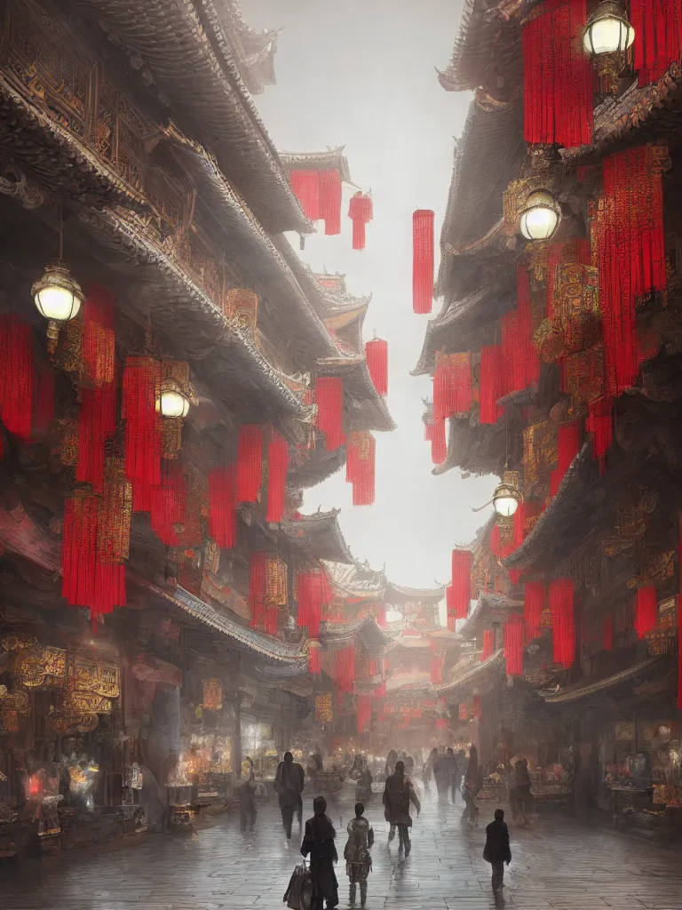 Prompt: epic scenery of a shopping street in the Chinese imperial city, intricate, elegant, volumetric lighting, digital painting, highly detailed, artstation, sharp focus, illustration, concept art, ruan jia, steve mccurry