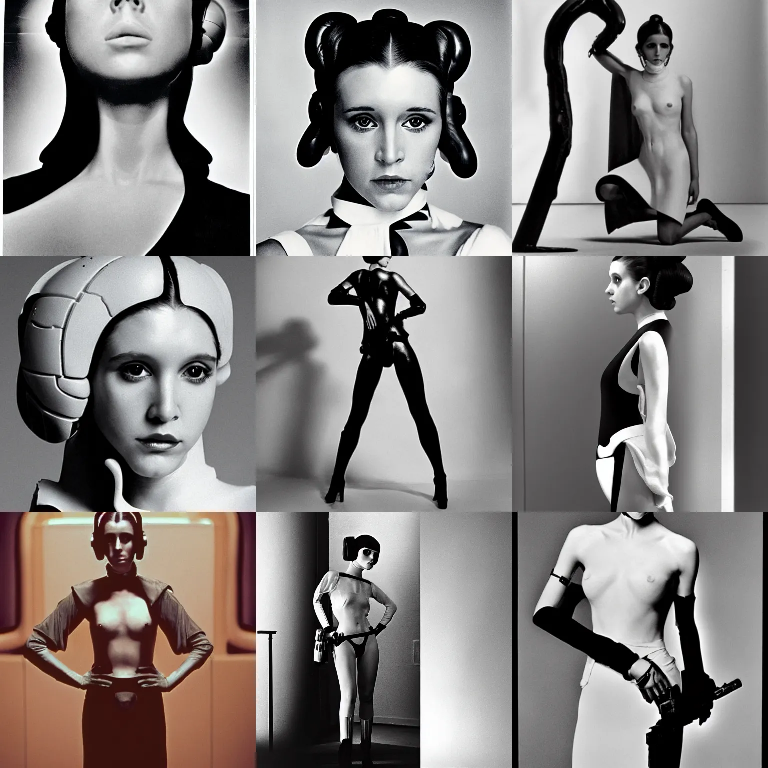 Prompt: a model photograph of princess leia by hartmut newton