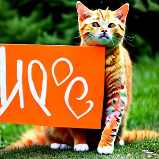 Image similar to cute orange tabby cat holds sign that says