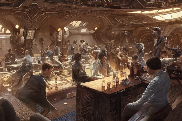 Prompt: ultra realistic illustration, empty cantina interior from star wars and star trek, intricate, elegant, highly detailed, nobodies, digital painting, artstation, concept art, smooth, sharp focus, illustration, art by artgerm and greg rutkowski and alphonse mucha