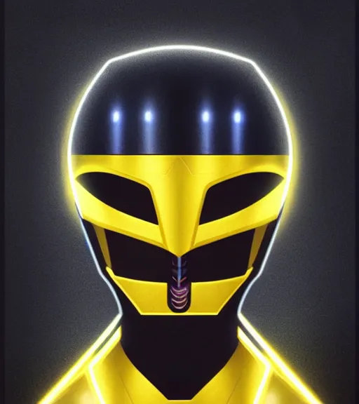 Image similar to symmetry!! yellow ranger, thunderbolt shaped viser!! solid cube of light, hard edges, product render retro - futuristic poster scifi, lasers and neon circuits, yellow ranger, intricate, elegant, highly detailed, digital painting, artstation, concept art, smooth, sharp focus, illustration, dreamlike, art by artgerm