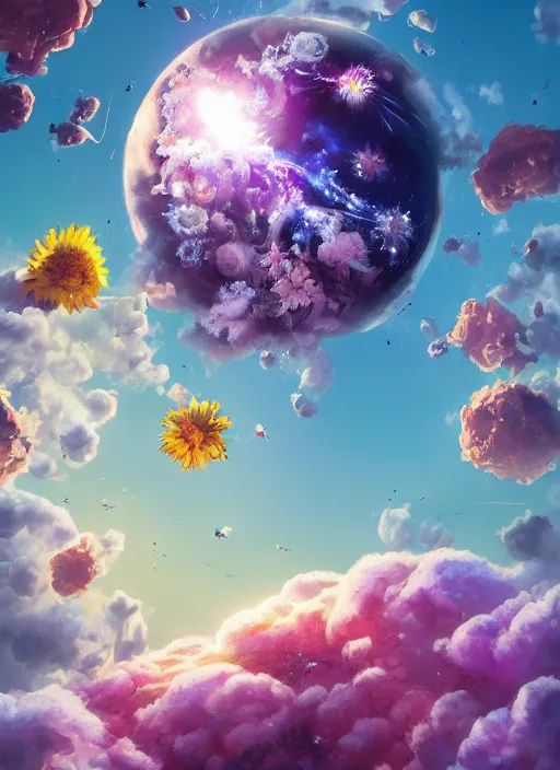 Image similar to An epic fantastic realism comic book style painting of the most beautiful flowers launched into space, bouquets, solar eclipse, fisheye, unreal 5, DAZ, hyperrealistic, octane render, dynamic lighting