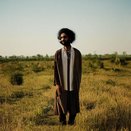 Image similar to east african male, curly hair, muslim, in vast field, beautiful scenery, nature, vintage, dreamy, pastel, thoughtful, intricate details