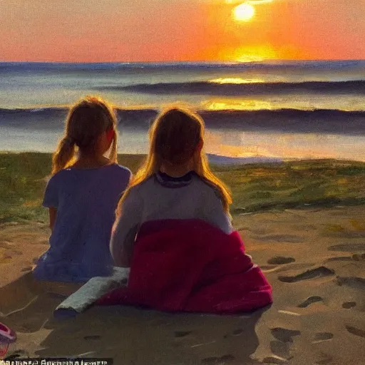 Image similar to a nine year old blonde girl and her two parents sit on a blanket at the beach and watch through sun go down in the style of anders zorn