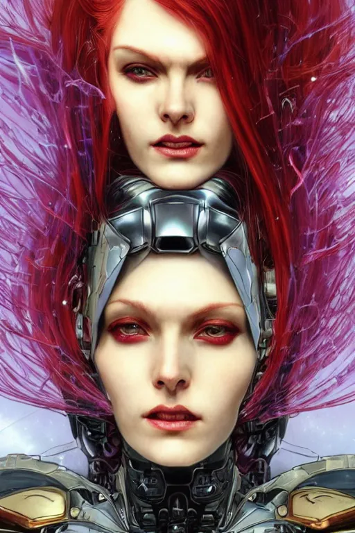Image similar to extreme close up facial portrait, pale woman with red hair in sci - fi armor with purple accents, bionic armor, stoic, powerful, by artgerm and yoshitaka amano and moebius and alphonse mucha, hyperdetailed, dc comics, ornate, nebula, explosions in the sky, trending on artstation