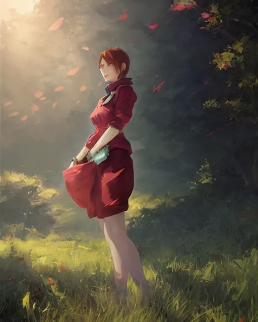 Image similar to elegant claire redfield in a green cottagecore dress, portrait, illustration, rim light, top light, summer clear blue sky, perfectly shaded, soft painting, art by krenz cushart and wenjun lin