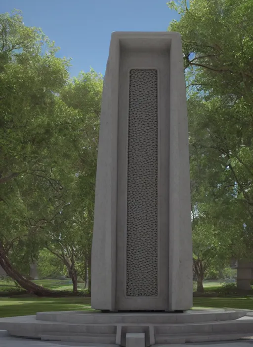 Image similar to highly detailed realistic architecture 3 d render of a futuristic stele monument in frank lloyd wright style standing in city park, archdaily, made in unreal engine 4 octane render