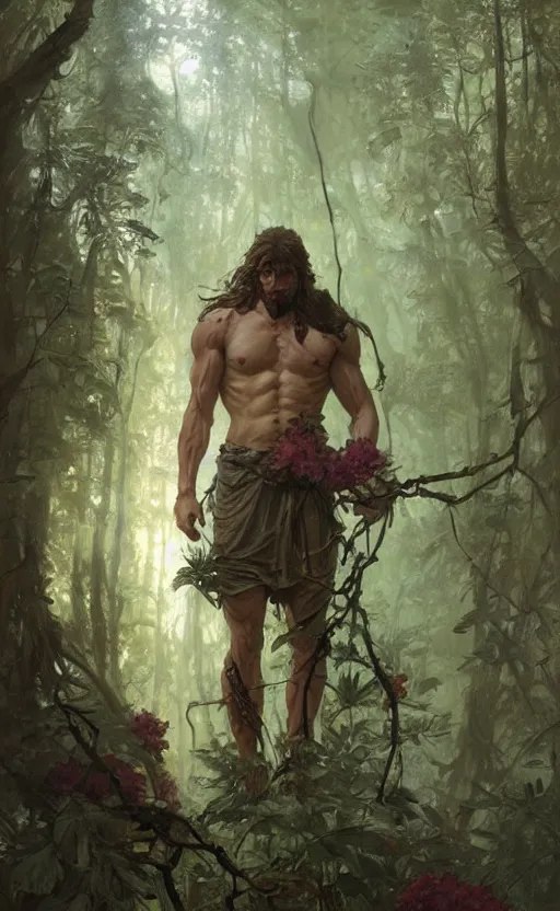 Image similar to god of the forest, rugged, handsome, male, detailed face, clean lines, atmospheric lighting, amazing, full body, thighs, flowers, muscular, intricate, highly detailed, digital painting, deviantart, concept art, sharp focus, illustration, art by greg rutkowski and alphonse mucha