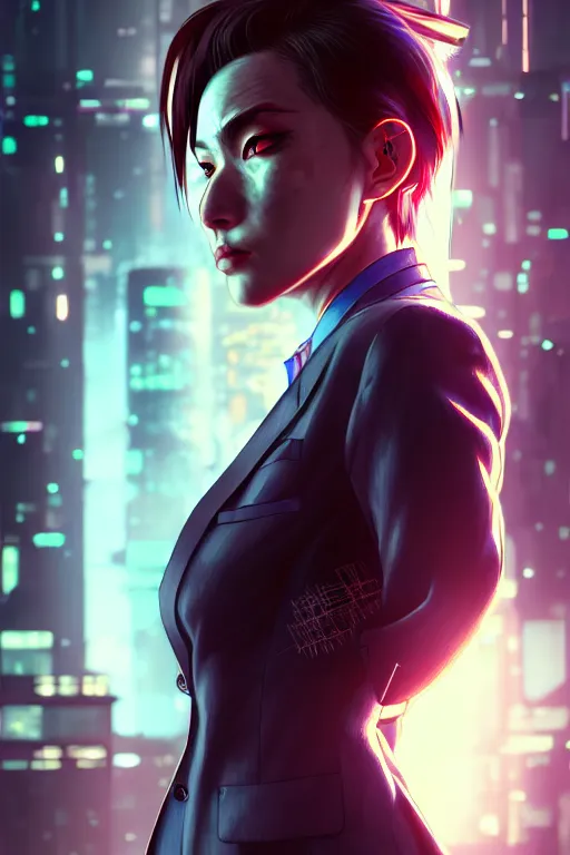 Prompt: hyperdetailed close portrait of a woman in a worn out suit in a cyberpunk city inspired by ross tran and wlop and masamune shirow and kuvshinov, concept art, intricate, photorealistic, octane render, rtx, hdr, unreal engine, dnd digital art by artgerm