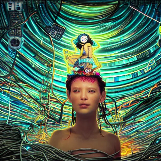 Image similar to space station on the moon, piles of modular synth cables mixed with mangrove roots, kawaii puerto rican goddess staring through your soul wearing a headpiece made of circuit boards, by cameron gray, wlop, stanley kubrick, masamune, hideki anno, jamie hewlett, unique perspective, eastman color, trending on artstation, cinematic, 3 d render, muted neon