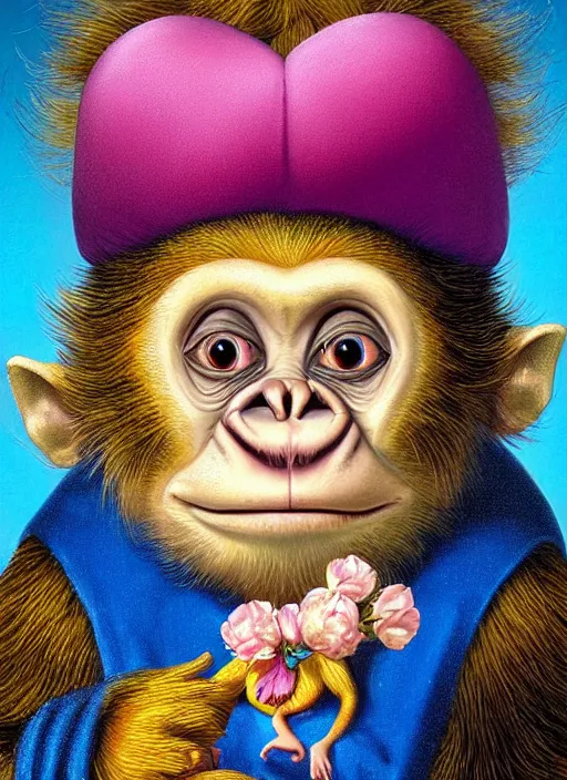 Prompt: baroque rococo painting Royal Fancy Gnome Hildebrandt Lisa Frank high detail cute adorable whimsical up close simian ape monkey