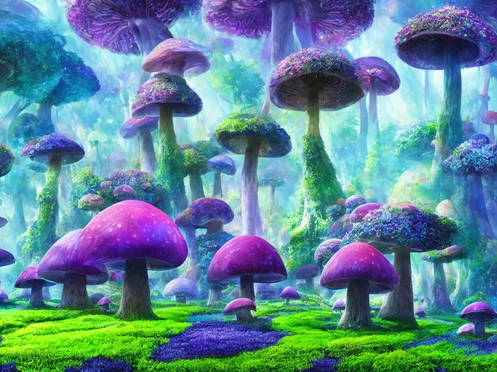 Image similar to a beautiful otherworldly fantasy landscape of giant luminous mushroom trees forming canopies over bright colorful mythical sprouted floral plants and colorful foliage on the ground, like alice in wonderland, extreme detail, studio ghibli and pixar and abzu, rendering, cryengine, deep color, blue and green and purple bioluminescent