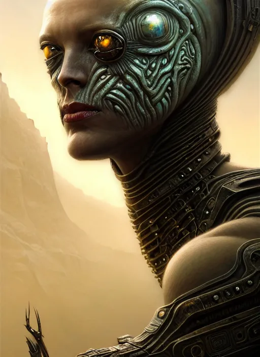 Prompt: closeup portrait shot of a alien warrior in a scenic dystopian environment, intricate, elegant, highly detailed, centered, digital painting, artstation, concept art, smooth, sharp focus, illustration, artgerm, tomasz alen kopera, peter mohrbacher, donato giancola, joseph christian leyendecker, wlop, boris vallejo