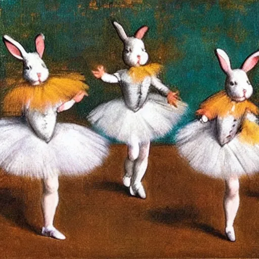 Image similar to rabbits dancing ballet on stage in the style of degas