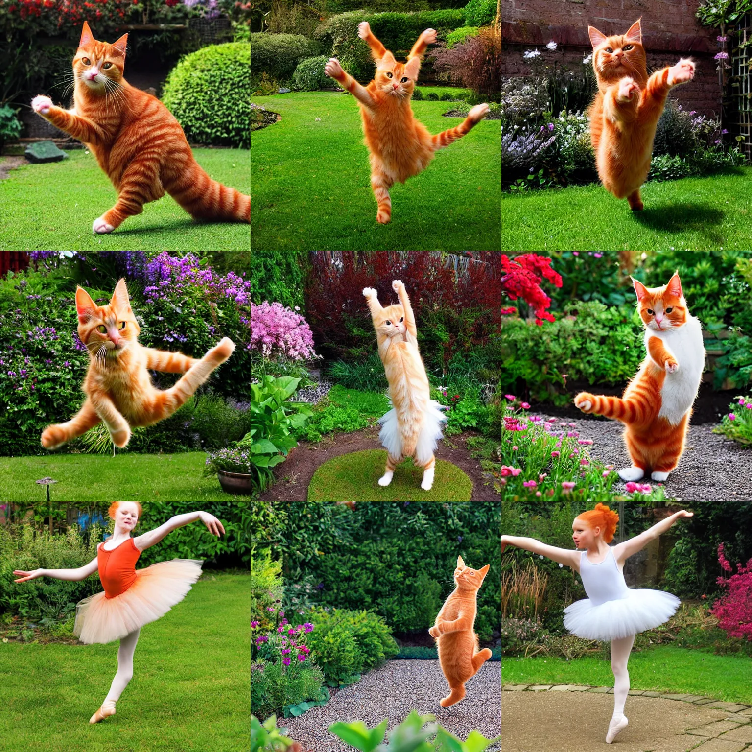 Prompt: ginger cat doing ballet in the garden, photograph, award winning