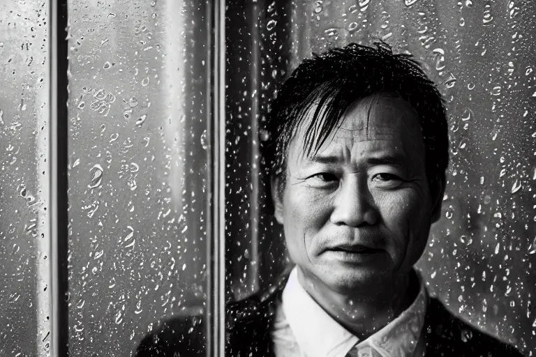 Image similar to a cinematic headshot portrait of a middle aged asian man, through a steamed up window, movie still, ocean background, waves, rain, dramatic lighting, back light, hair light, rim light, 4 k, ultra realistic, by annie leibovitz