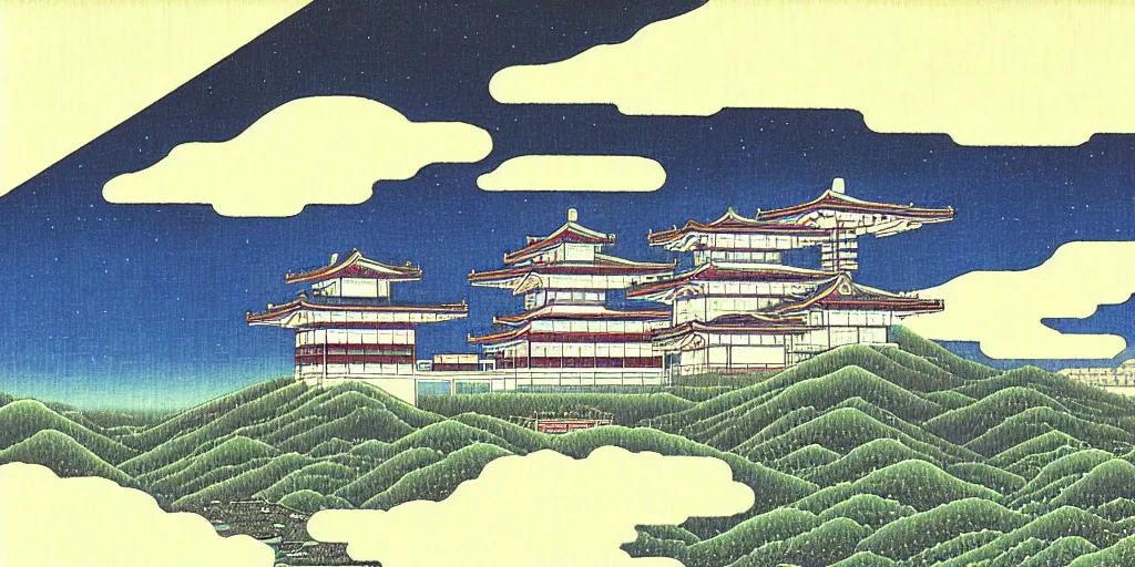 Image similar to a elder chinese space station by kawase hasui. hd