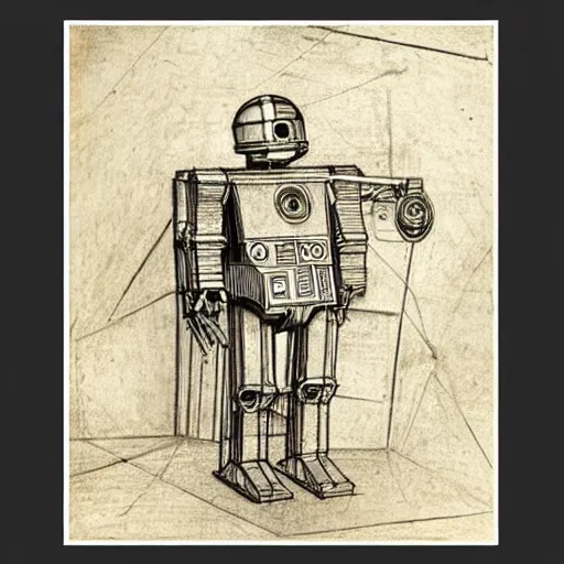 Image similar to a pencil sketch by leonardo davinci of the droid c 3 po, machine, sketch, da vinci, old masters, paper,