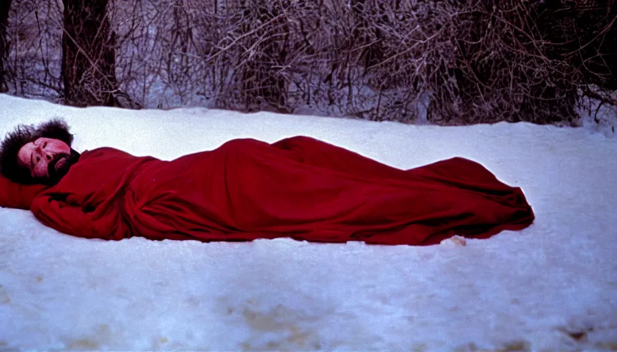 Image similar to 1 9 6 0 s movie still close up of marcus aurelius tired in a red royal toga frozen to death under the snow by the side of a river with gravel, pine forests, cinestill 8 0 0 t 3 5 mm, high quality, heavy grain, high detail, texture, dramatic light, anamorphic, hyperrealistic, detailed hair, foggy