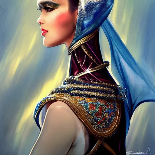 Image similar to a beautiful arabian woman wearing a futuristic dress by alexander mcqueen, thom browne, karol bak, ayami kojima, artgerm, arabian beauty, blue eyes, smile, concept art, fantasy