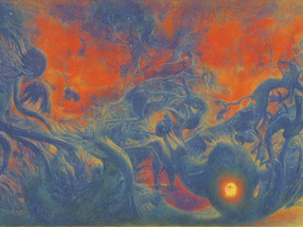 Image similar to alien creature of the blue flame near the turbulent river. painting by mikalojus konstantinas ciurlionis, bosch, max ernst, agnes pelton, rene magritte