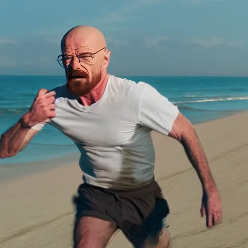 Image similar to Walter White running on the beach, artistic, 8k, cinematic, accurate, symetric, face, dramatic lighting, pastel colours