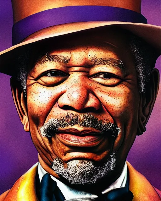 Prompt: Morgan Freeman as Willy Wonka, digital illustration portrait design, detailed, gorgeous lighting, wide angle dynamic portrait