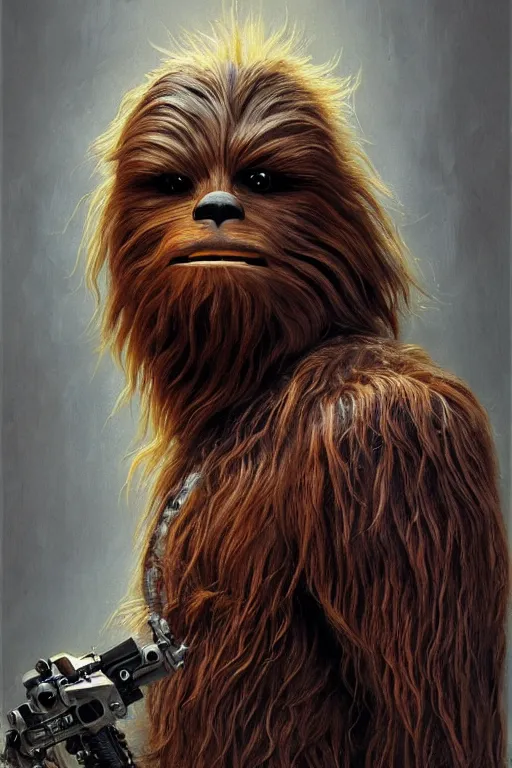 Prompt: realistic detailed painting of chewbacca as professional model pixar concept art, by ayami kojima, amano, charlie bowater, karol bak, greg hildebrandt, jean delville, and mark brooks, art nouveau, neo - gothic, gothic, rich deep colors