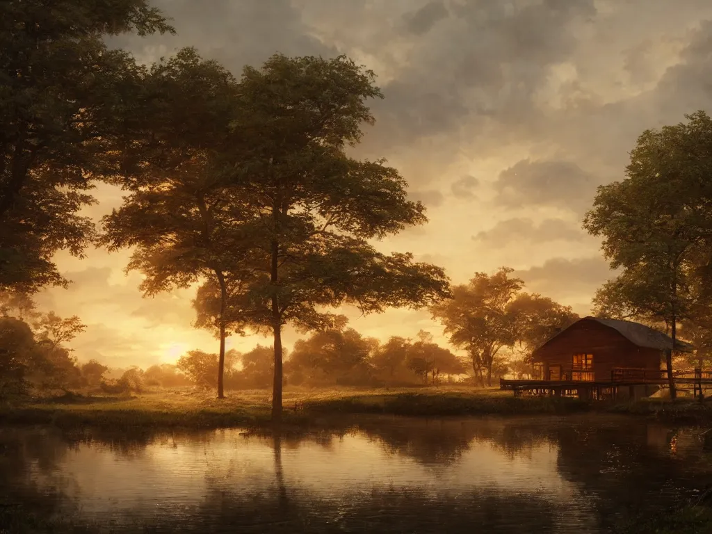 Prompt: a oil painting of a serene landscape with a singular wooden house near a bridge over river, at sunrise, concept art, octane render, unreal engine 5, trending on deviantart, highly detailed, high quality, oil painting, digital painting, masterpiece, hyperrealistic, breathtaking landscape, soft lighting, godrays, complementary colors, natural lighting